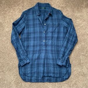 Lauren Ralph Lauren Women's 100% Linen Tunic Top Blue Plaid Long Sleeve Size M